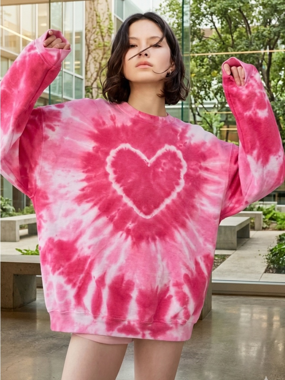 Urban Outfitters Pink Tie-Dye Heart Crew Sweatshirt